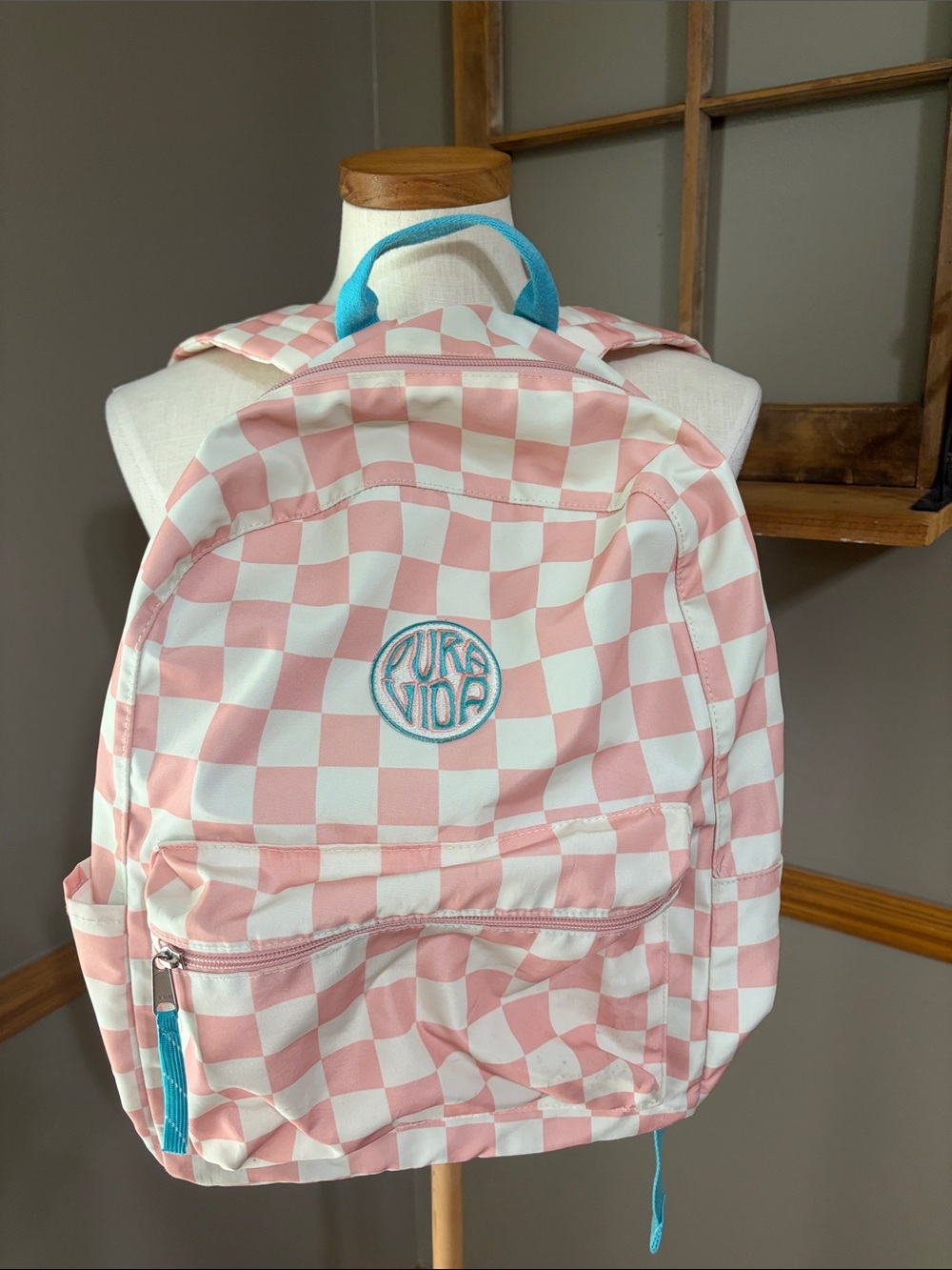 Pura Vida Pink and White Checkerboard Backpack with adjustable straps